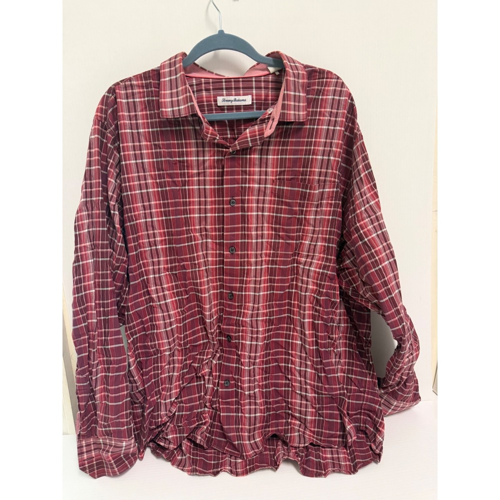Tommy Bahama Mens XXL Red Plaid Long Sleeve Button Down Shirt Casual Pocket